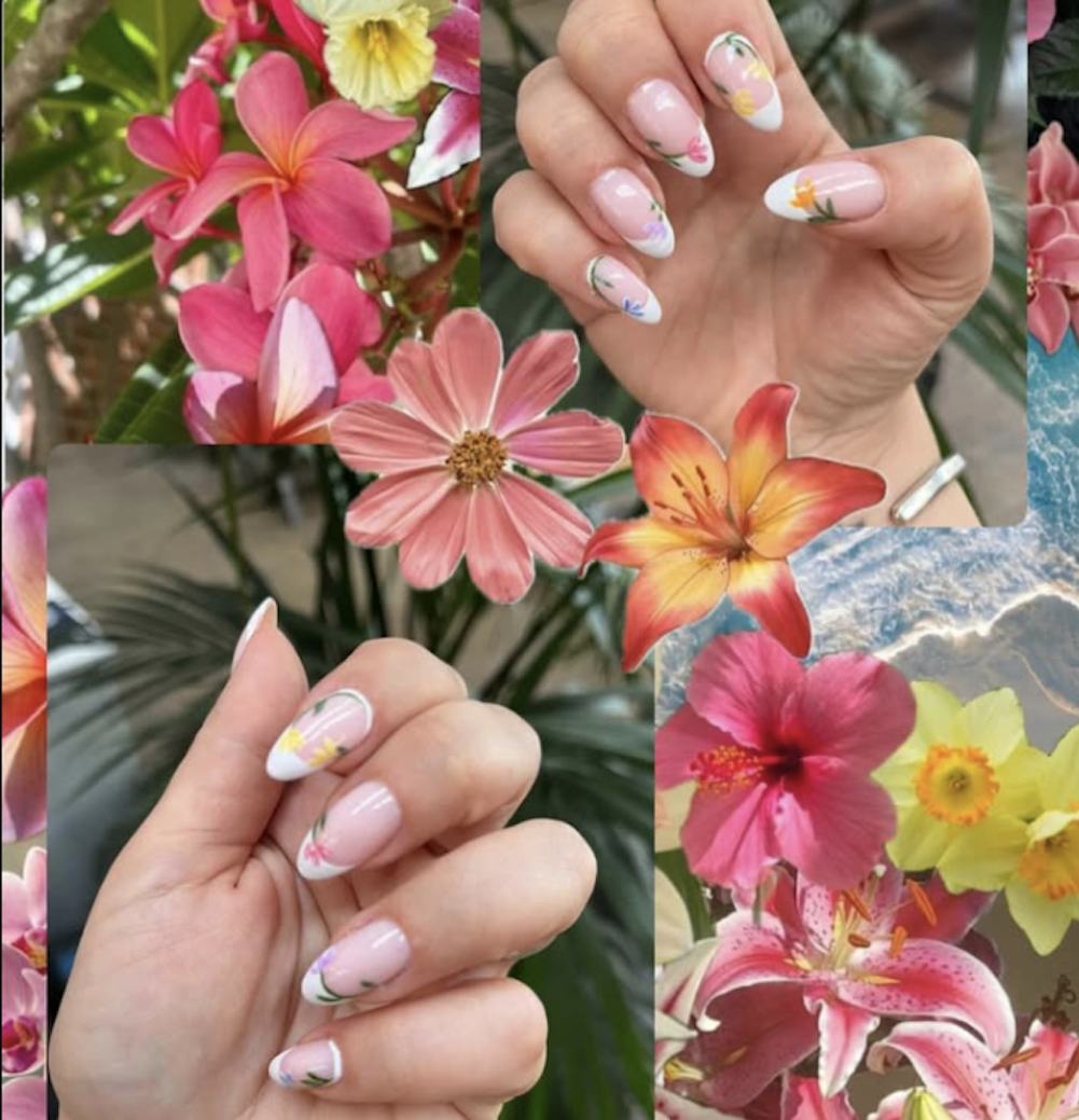 Pink nails with hand-painted tropical flowers
